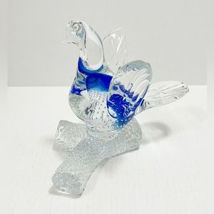 Murano Art Glass Dove on Branch Clear and Blue with controlled Bubbles